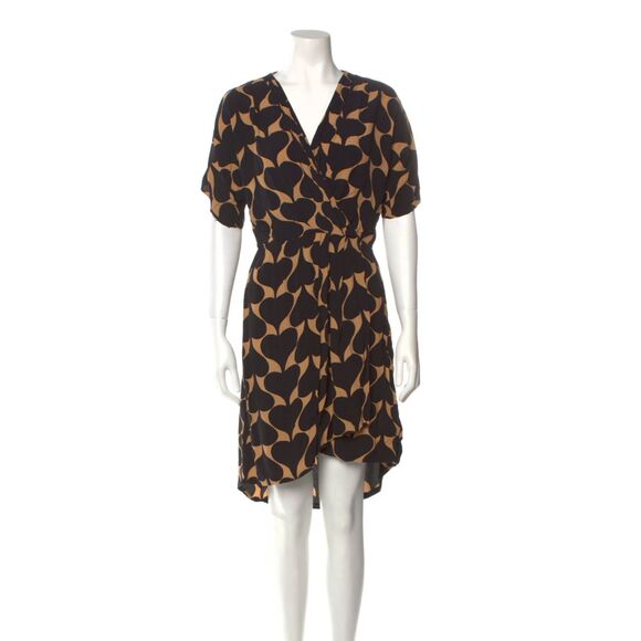 Diane Von Furstenberg Genevieve Spade Graphic Print Dress 6 Faux Wrap Black Tan - Picture 1 of 13